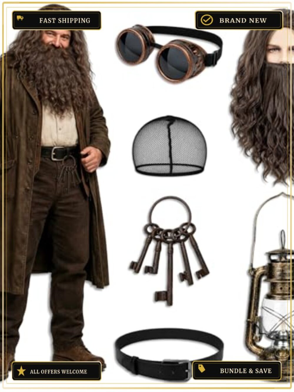 Wizard Costume Set Wig Beard Lamp Belt Goggles Cosplay Halloween Men